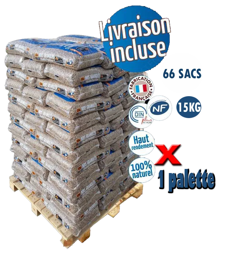 Pellets de madeira premium Woodstock, palete com 66 sacos de 15 kg.