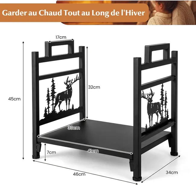 Suporte para lenha em metal para lareira – Design de alce – 46 x 34 x 45 cm 
